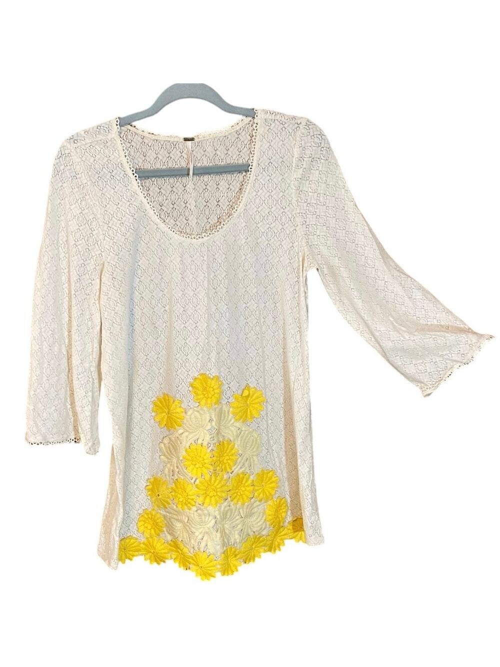 Free People Yellow Floral Crochet Tunic Top Boho Lace Large hippie flower power